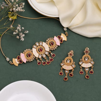 Rani Color Choker Meenakari Matte Gold Necklace Set (MKN559RNI)-Adjustable Rope / Pink / Alloy With Good Quality Matte Gold Plated