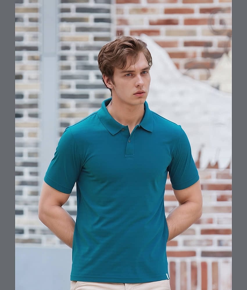 renuovo Pack of 1 Cotton Blend Regular Fit Solid Half Sleeves Men's Polo T Shirt ( Teal Blue )