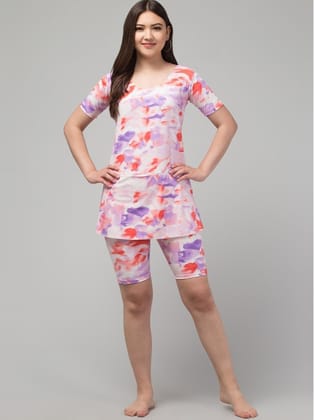 Womens Polyester Spandex Printed Round Neck Swimsuit Set Size L (Multicolor)