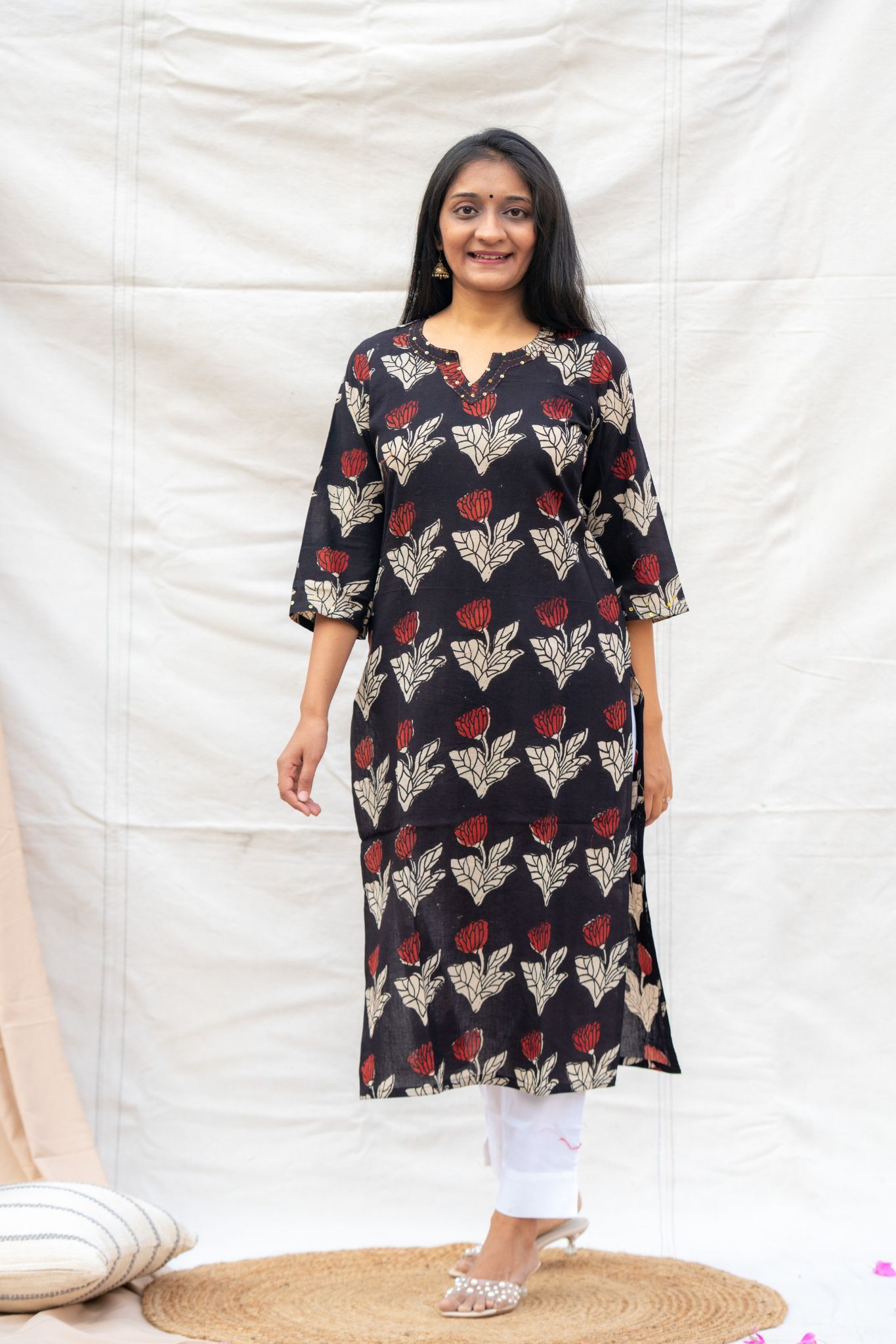 Seher Black Handblock Straight-Cut Cotton Kurta-S