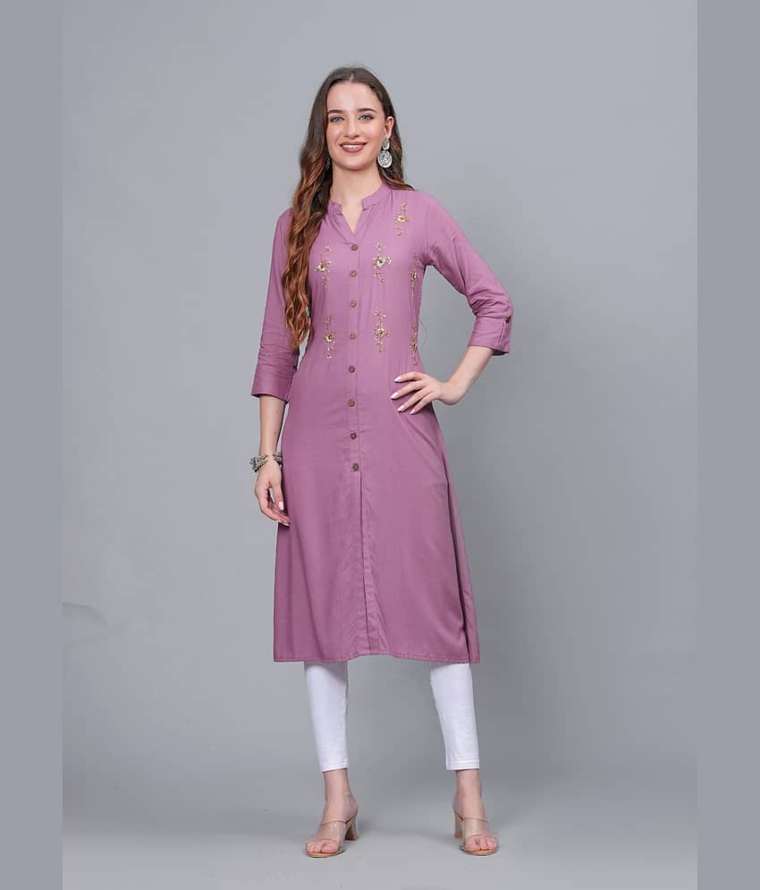MAUKA Rayon Embellished Front Slit Women's Kurti - Purple ( Pack of 1 )