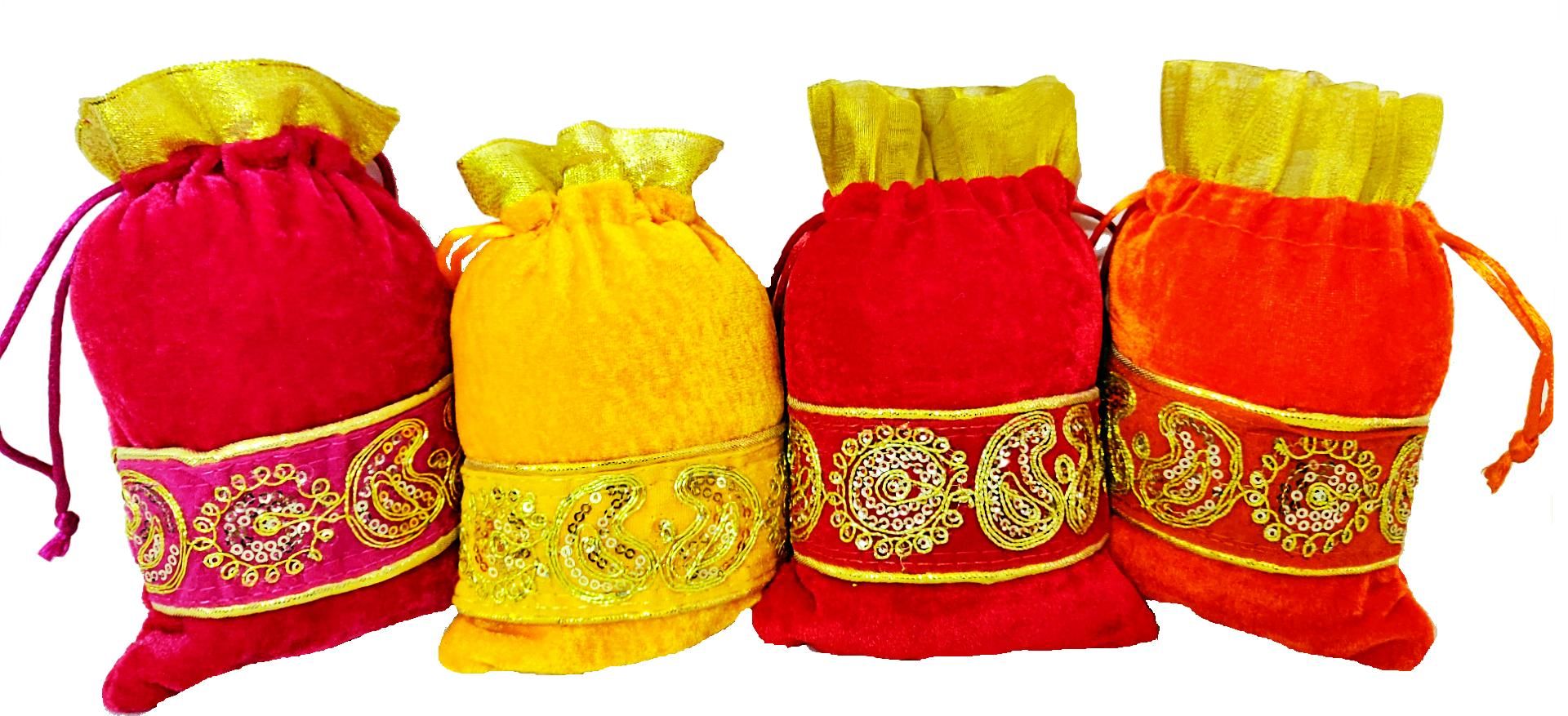 Omkar by R3 Inc. Lace Gift Pouch / Shagun Potli Multicolor Standard (Pack of 4) 18x13 Cm