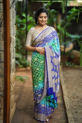 Authentic Hand Bandhej Banarasi Silk Georgette Saree in Green,Teal & Blue with Ombre jaal pattern| SILK MARK CERTIFIED
