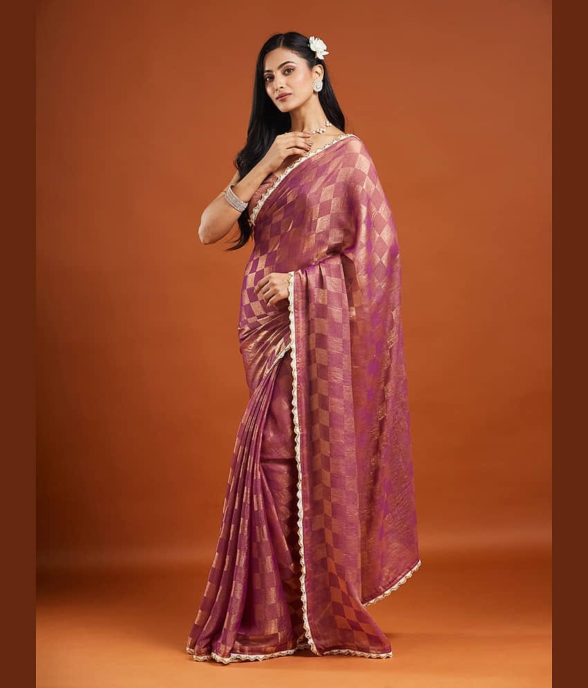 Indy Bliss Chiffon Checks Chanderi saree With Unstitched Blouse Piece ( Wine )