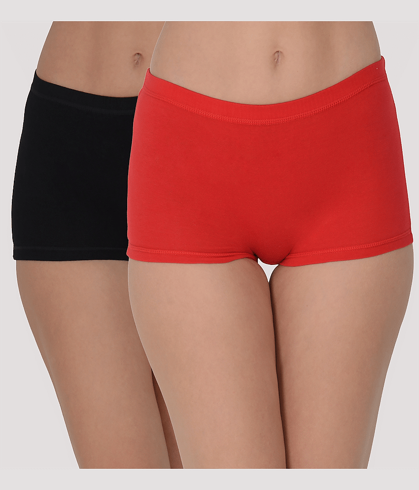 Leading Lady Pack of 2 Cotton Solid Women's Boy Shorts ( Red )