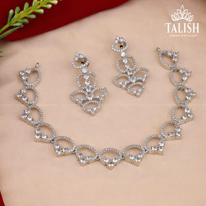 Elegant Silver-Plated Necklace & Earring Set with American Diamond Stones - Intricate Leaf Design