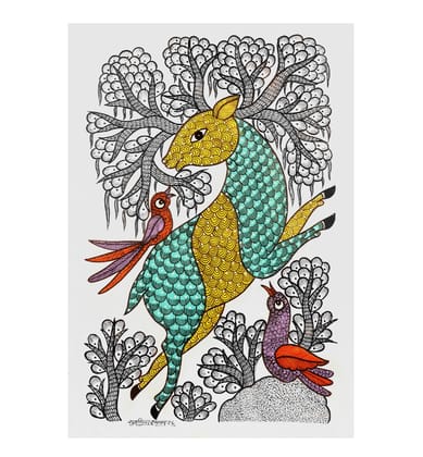Handcrafted Gond Deer with Birds Painting | Traditional Tribal Folk Art of Madhya Pradesh Handcrafted Gond Deer with Birds Painting | Traditional Tribal Folk Art of Madhya Pradesh