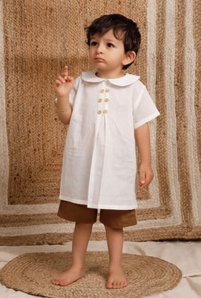 Set Of 2: Off-white Mul Mul Short Kurta With Dark Brown Short-4-5Y