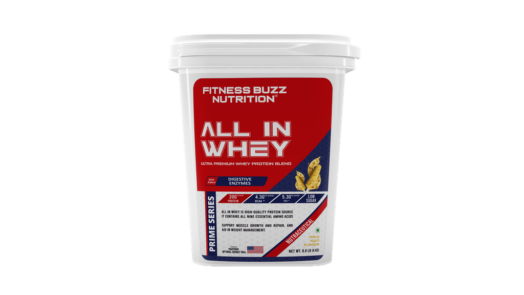 Fitness Buzz Nutrition I Prime Series I All in Whey with Added Digestive Enzymes I 20G Protein Per Serving I 4.3 BCAA Per Serving I 5.3G EAA Per Serving I Low Sugar I Nutraceutical I Veg I Malai Kulfi I 4 KG