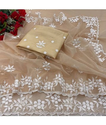 Gullak Lycra Printed Saree With Unstitched Blouse Piece ( Cream )