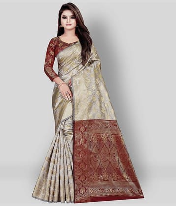 Gazal Fashions Banarasi Silk Printed Saree With Unstitched Blouse Piece ( Multicolor )
