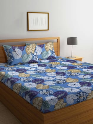 Blue & White Floral 300 TC Super King Size Fitted Bedsheet with 2 Pillow Covers