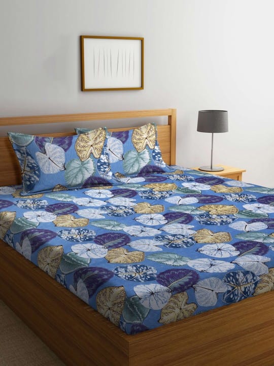 Blue & White Floral 300 TC Super King Size Fitted Bedsheet with 2 Pillow Covers
