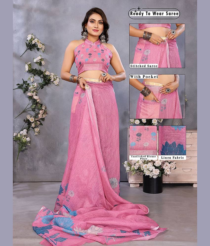 HEMA SILK MILLS Linen Embellished Regular Saree With Unstitched Blouse Piece ( Pink )