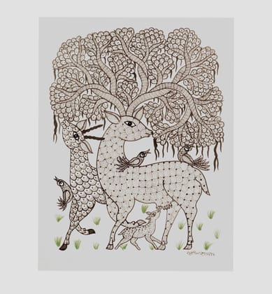 Handcrafted Gond Deer Family with Tree Painting , Traditional Tribal Folk Art of Madhya Pradesh Handcrafted Gond Deer Family with Tree Painting , Traditional Tribal Folk Art of Madhya Pradesh
