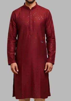 Mens Maroon Sequin Work Chikankari Kurta