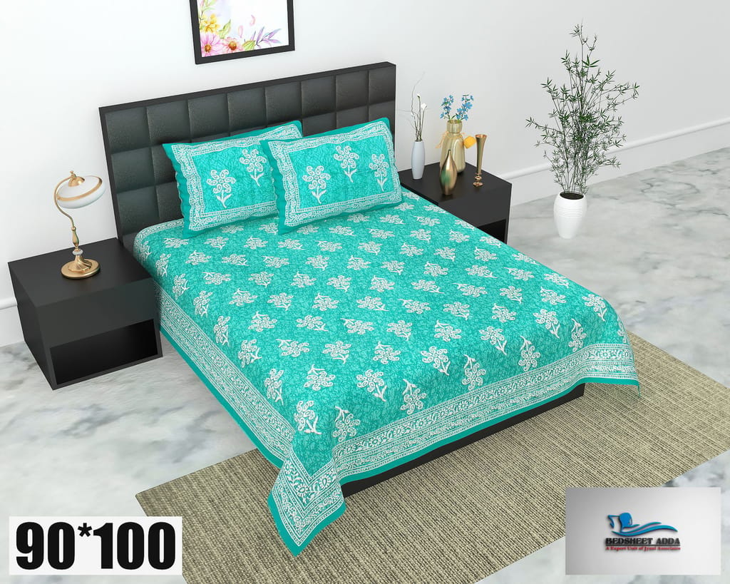 2001-Bedsheet Adda-Pure Cotton Jaipuri Printed Double Bedsheet With 2 Pillow Covers-GUCHHA-GREEN