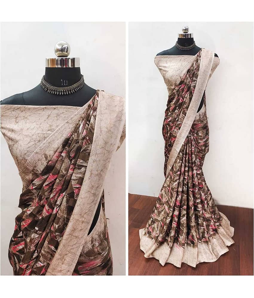 JIHANA FAB Chiffon Printed Saree With Unstitched Blouse Piece ( Brown )
