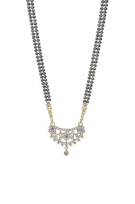 Black Bead Mangalsutra Necklace with Gold Tone Pendant, Pink and Green Stones, Traditional Indian Jewelry