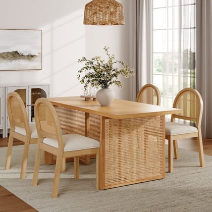 Wooden Rattan & Boucle Dining Set