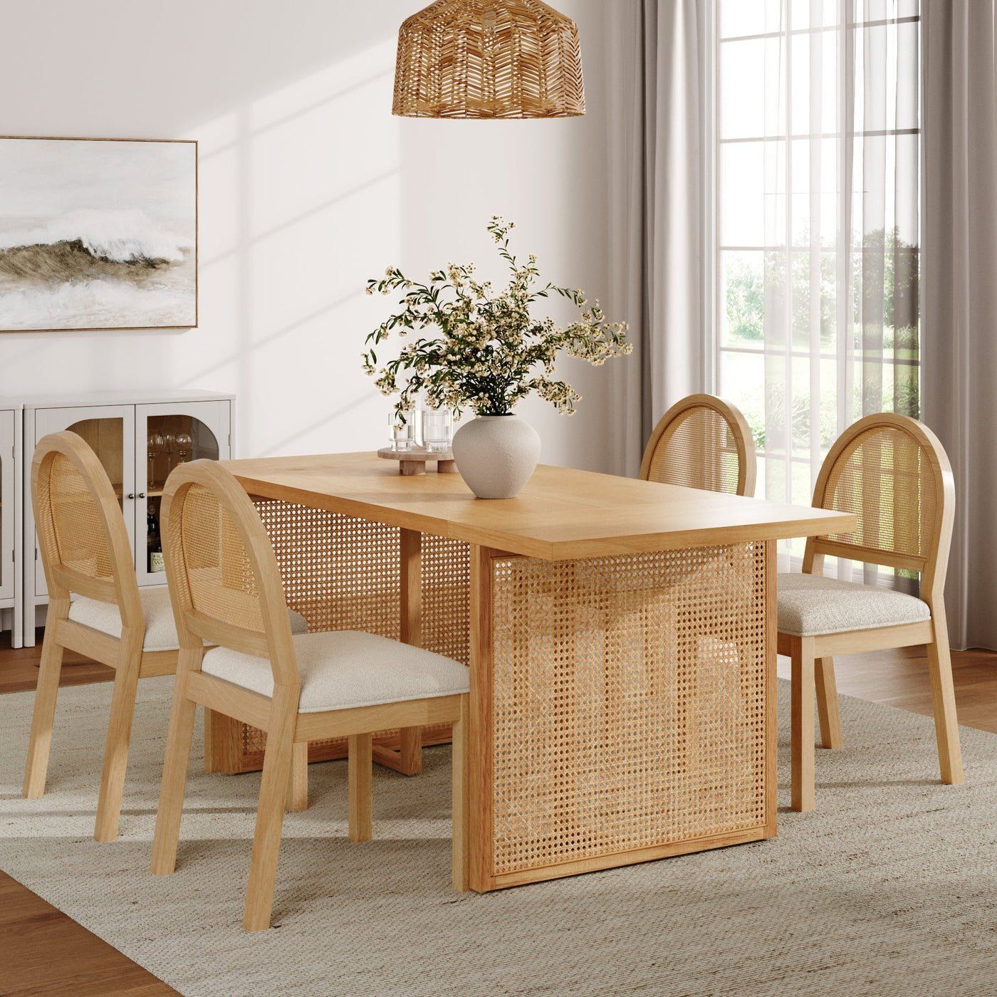 Wooden Rattan & Boucle Dining Set