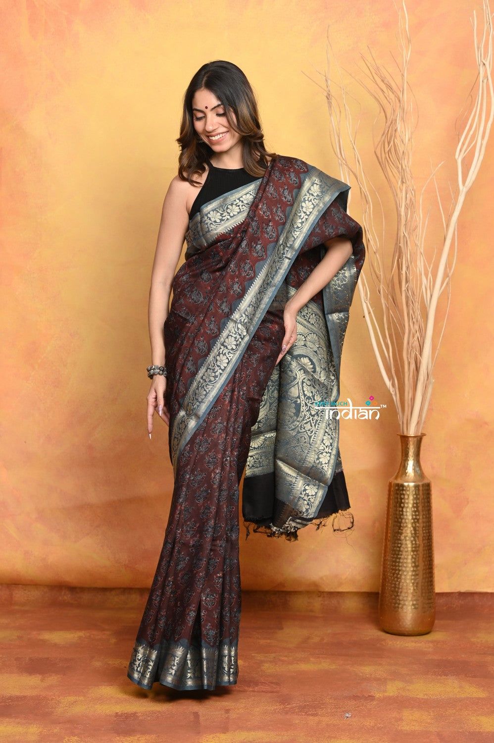 Mastaani ~ Modal Silk Ajrakh Handblock Printed Natural Dyes With Designer Border - Dark Maroon