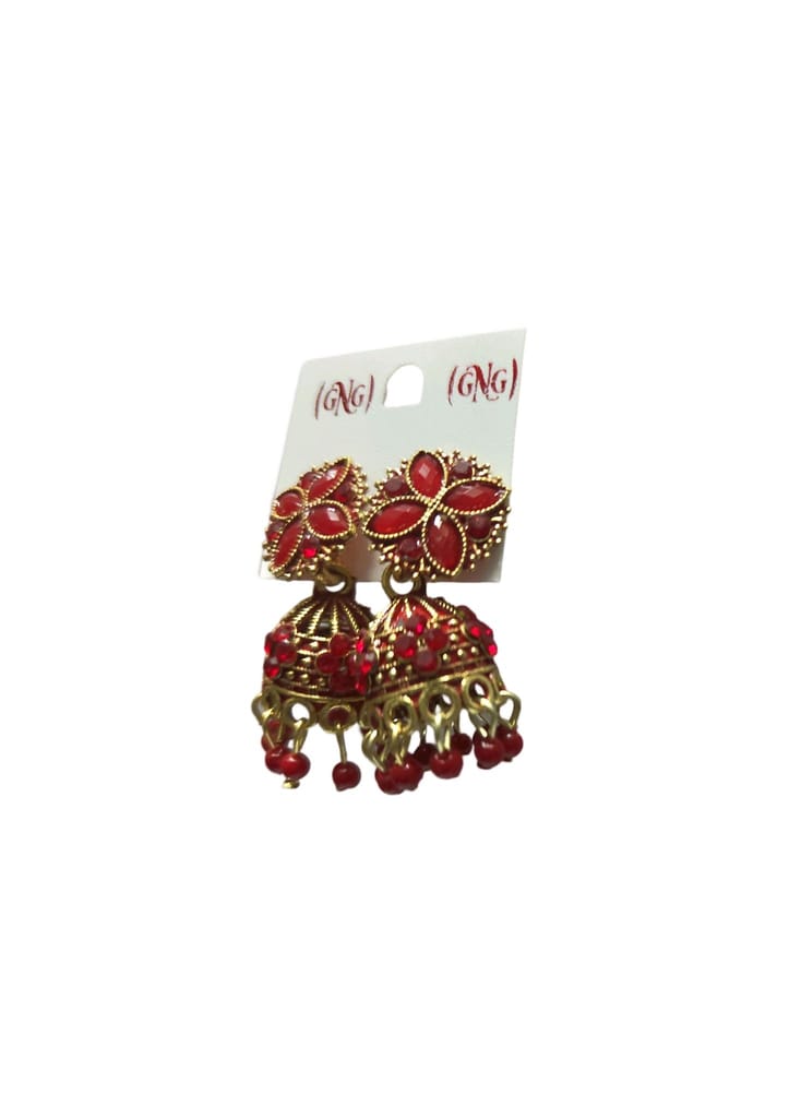 Red Stone Jhumka Earrings with Golden Beads"