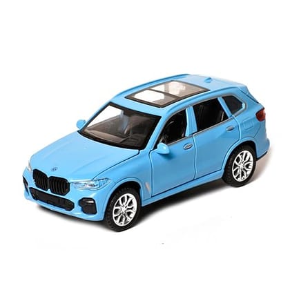 Braintastic 1:32 Scale Metal BMW X5 Diecast Model Pull Back Friction Toy Car with Openable Doors, Light & Music (Blue)