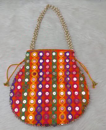 Embroidered Drawstring Potli Bag with Pearl Beaded Handle