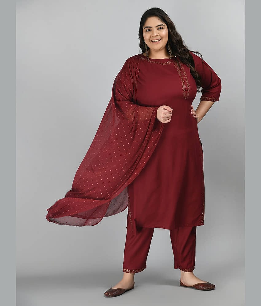 PrettyPlus by Desinoor - Maroon Straight Rayon Women's Stitched Salwar Suit ( Pack of 1 )