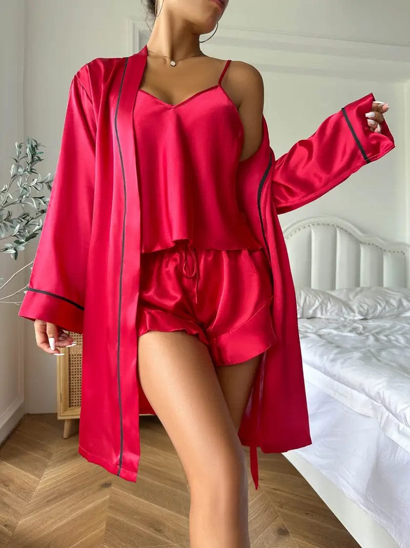 Long Sleeve Belted Robe & Pajama - Top & Shorts Sleep set 3pcs-S / Red