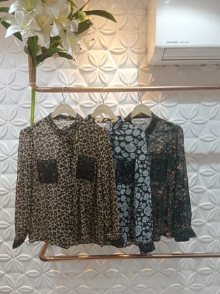 See Throught Printed Shirt with Lace Pockets-S / LEOPARD