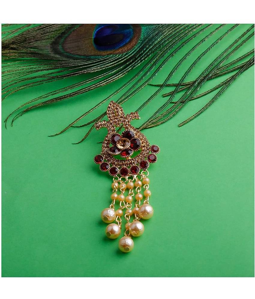 SILVER SHINE  Traditional Gold Plated Antique Maroon Colour Diamond Studded Pearl Drop Designer Wedding Brooch For Unisex Jewellery