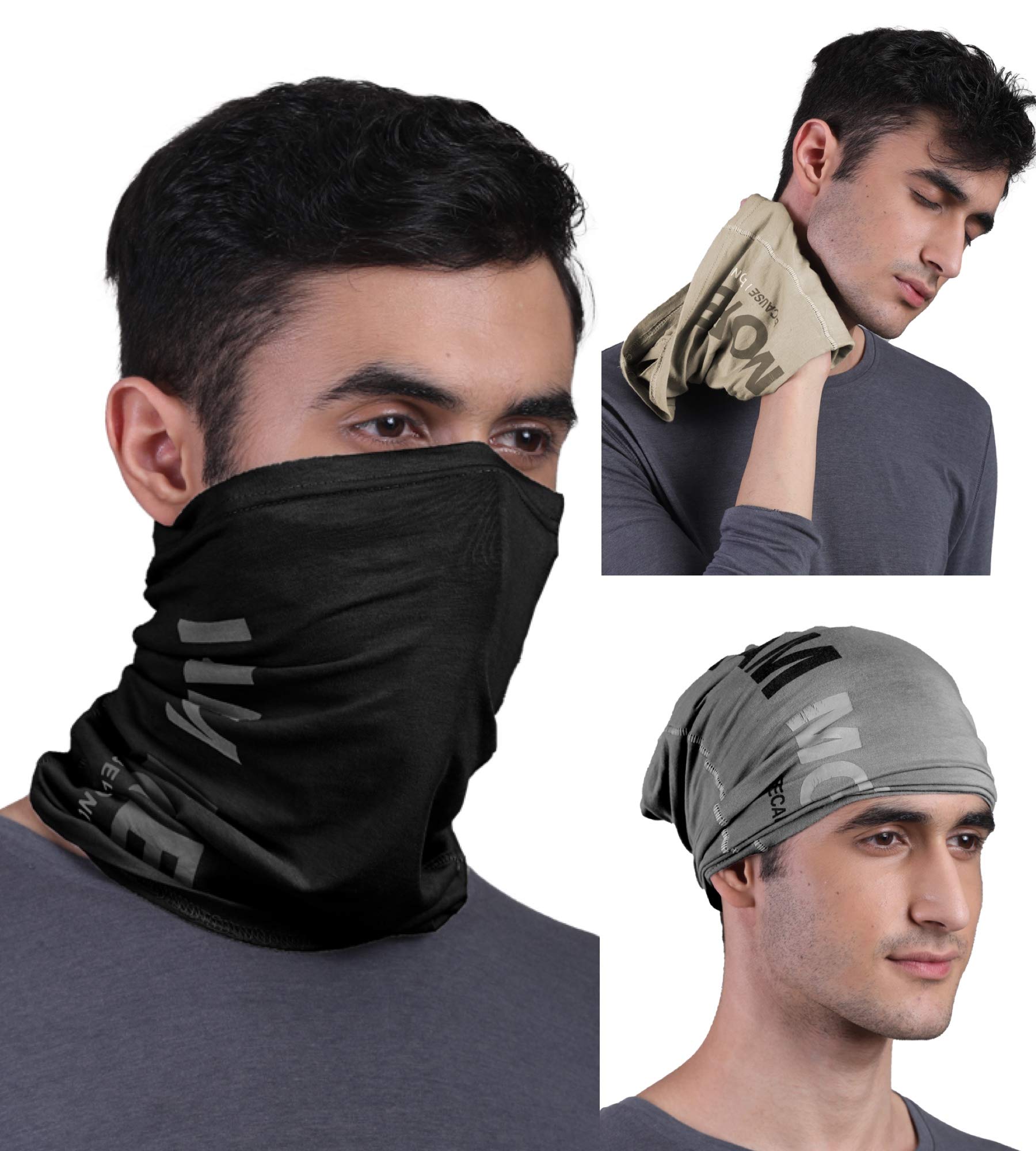 FREECULTR Unisex Bamboo Bandana, Anti Microbial Super Soft & Comfort Fit, Breathable Multipurpose Headband, Face Mask for Dust Protection and Sun - Printed Pack of 3-Beach Sand,Black,Charcoal