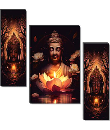 SAF Set of 3 Glowing Buddha with Lotus Lamp Wall Painting | Enlightenment Art with Temple & Floral Aura