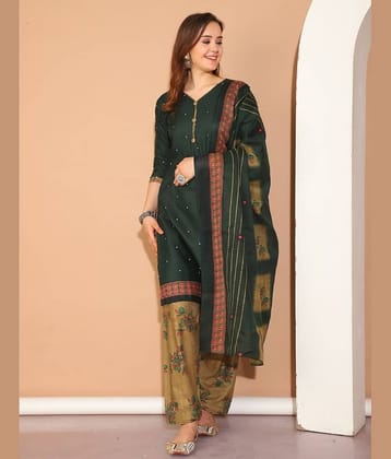 wonder weave Women Cotton Blend Printed Straight Kurti With Patiala Salwar ( Green )