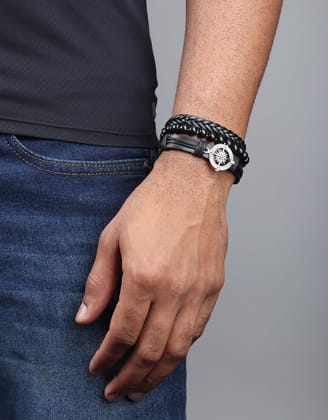 Compass Leather Trio Bracelet-Black