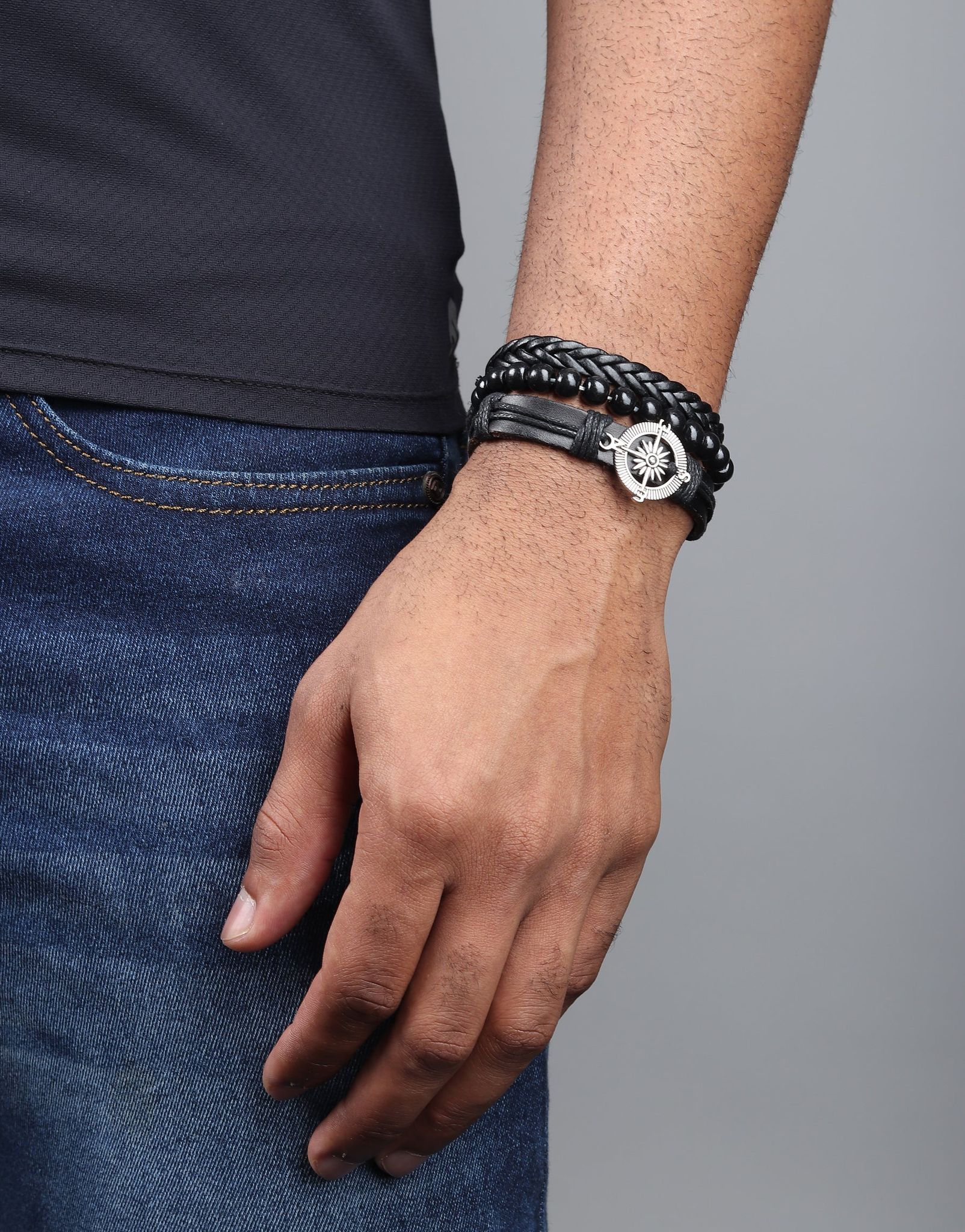 Compass Leather Trio Bracelet-Black