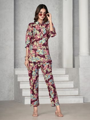 Magenta Red Printed Muslin V-Neck Co-ord Set-S