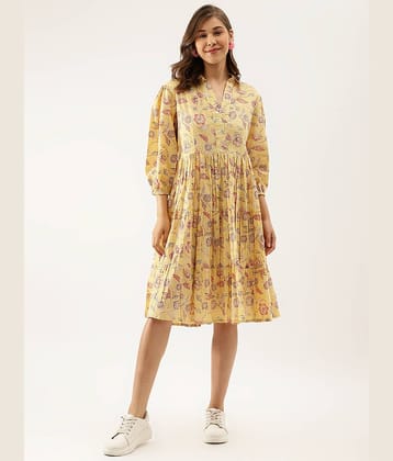 Divena Women Cotton Printed Fit & Flare Dress ( Yellow )
