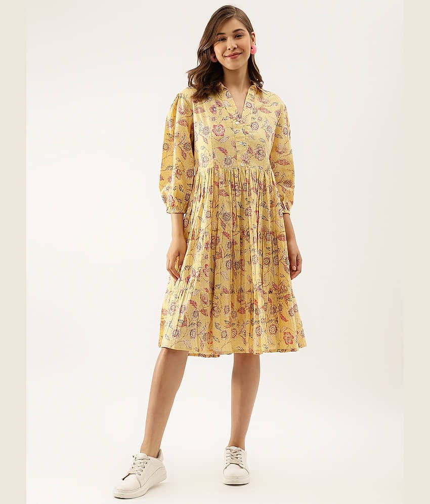 Divena Women Cotton Printed Fit & Flare Dress ( Yellow )