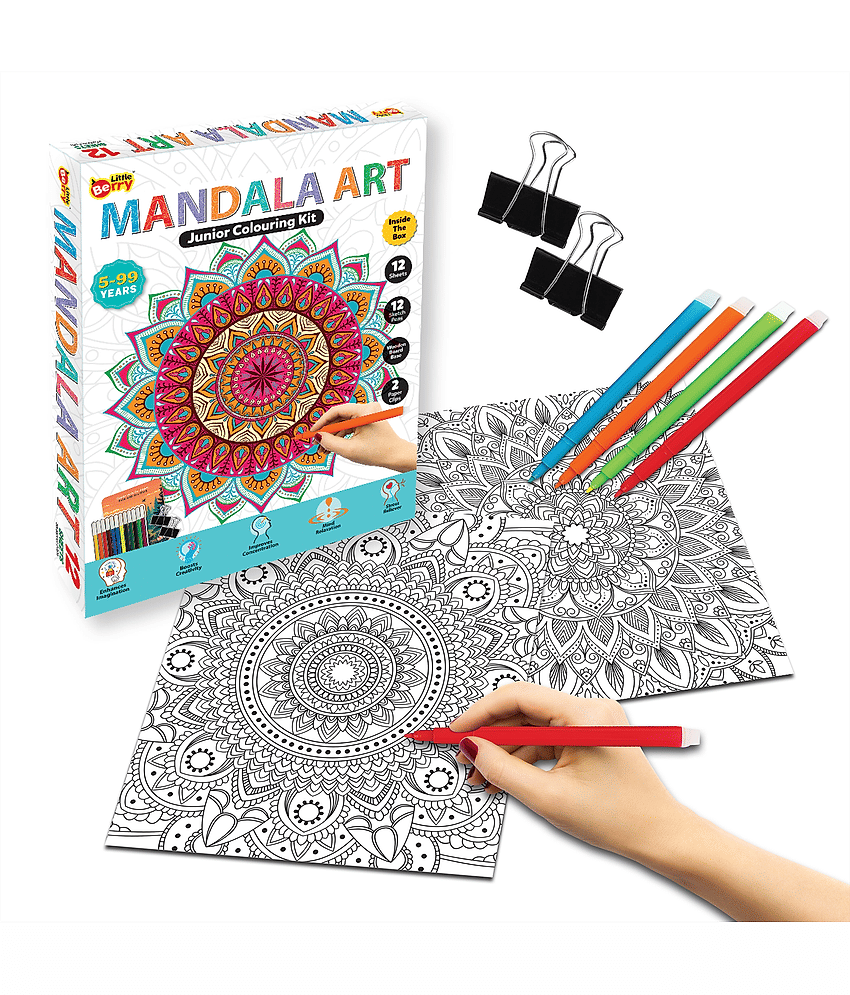 Junior Mandala Art Colouring Kit for Adults & Kids (5-99 Years) - Art & Craft Kit for Girls - Mandala Kit for Girls - Art & Craft Set for Kids - Colouring Kit with 12 Unique Designs, Sketch Pens - Gifting, Mind Relaxation Kit