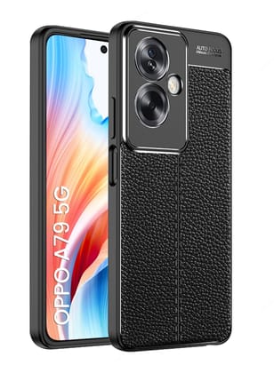 Vegan Leather Rugged Flexible TPU Series Shockproof Armor Back Cover for OPPO A79 5G, 6.72 inch, Black