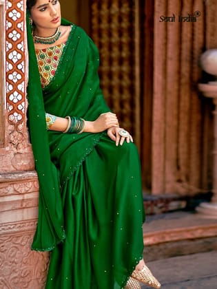 Chiffon Crystal Embellished Saree With Lace - Green