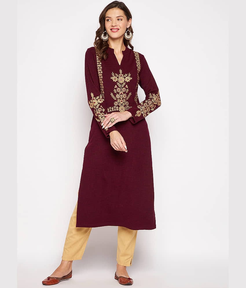 zigo Woollen Embroidered A-line Women's Kurti - Maroon ( Pack of 1 )