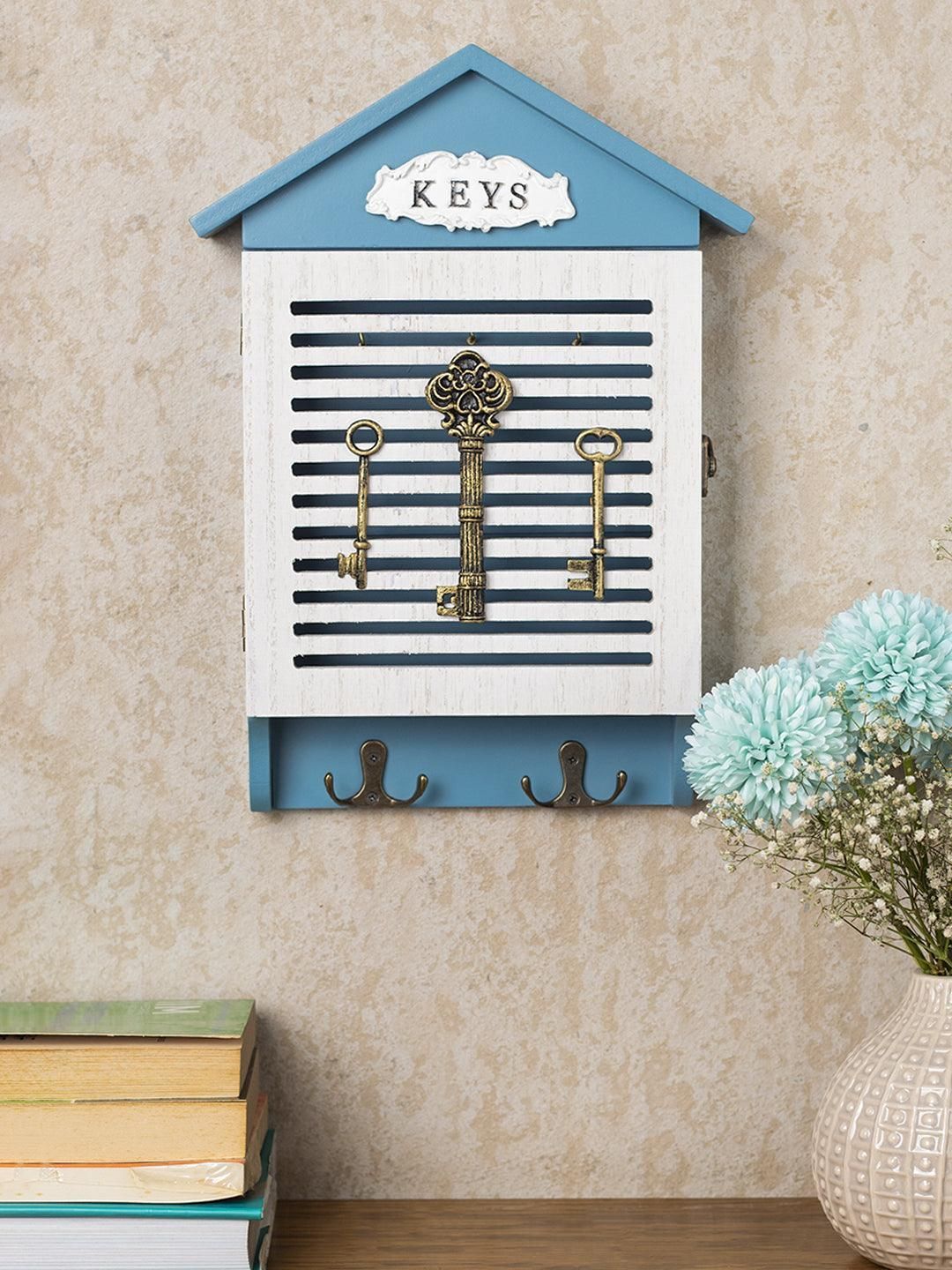 Blue & White Wood House Shaped Key Box Organiser