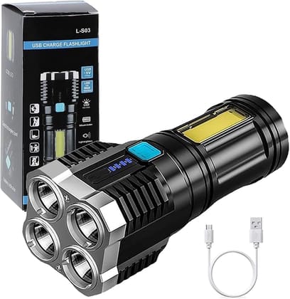 ROMINO 4in1 Led Torch Lights Rechargeable Emergency Torch Light with 4 Modes USB Charge Flashlight - High Power Long Distance Beam Range Torch for Outdoor, Indoor,Hiking,Camping (4Modes Torch)
