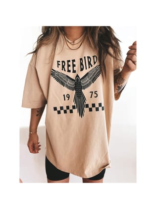 Free Bird Print T Shirt Dress-ONE SIZE / APRICOT