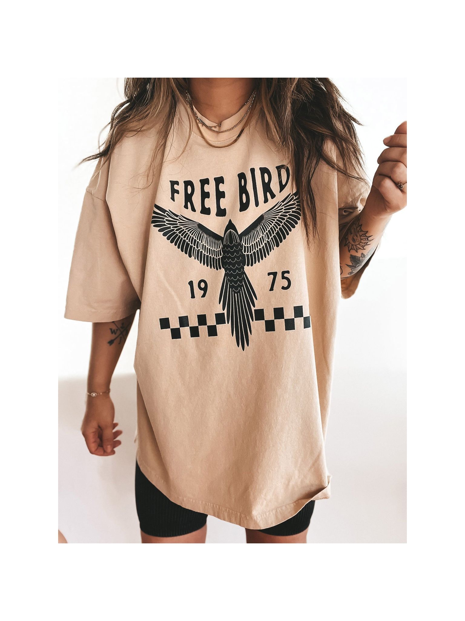 Free Bird Print T Shirt Dress-ONE SIZE / APRICOT
