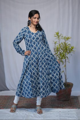 Rivaaj Ethnic Krina Indigo Kali Kurta (Size M) | Cotton A-Line Kurti | Chudi Sleeves Round Neck | Ethnic Casual Wear